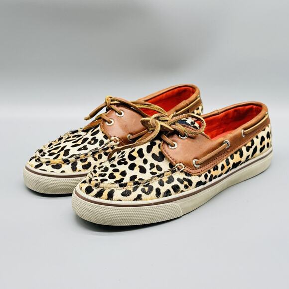 Sperry Shoes Women 7.5 Brown Leather Calf Hair Top Sider Leopard Print Boat Deck - Picture 4 of 13